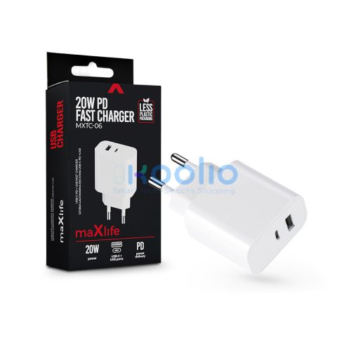 Maxlife MXTC-06 PD+QC 20W hálózati gyorstöltő adapter USB + Type-C - fehér