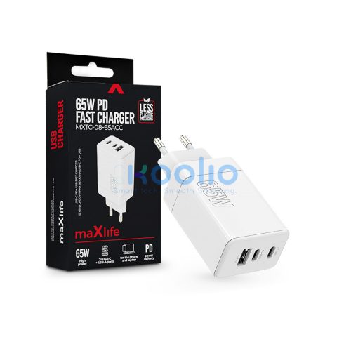 Maxlife MXTC-08-65ACC PD+QC 65W hálózati gyorstöltő adapter 2xType-C + USB - fehér