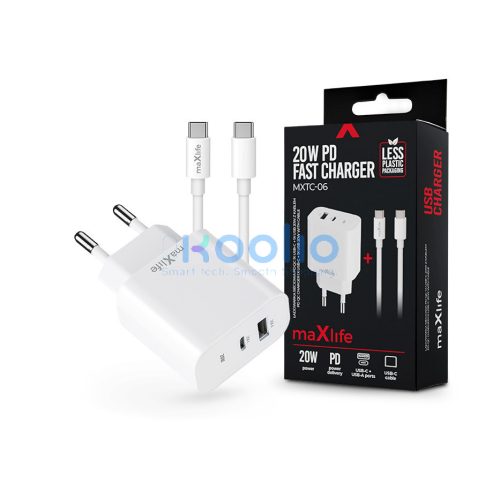 Maxlife MXTC-06 PD+QC 20W hálózati gyorstöltő adapter USB + Type-C + Type-C/Type-C kábel - fehér