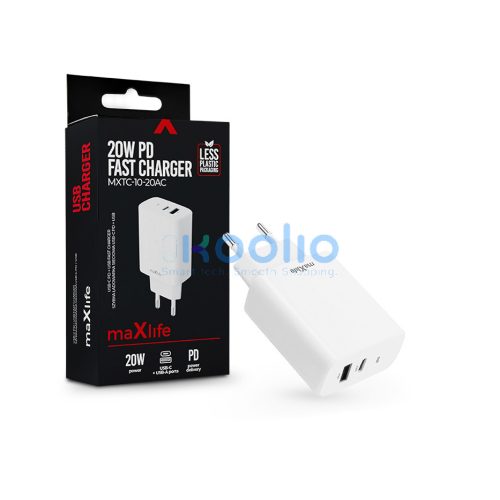 Maxlife MXTC-06 PD+QC 20W hálózati gyorstöltő adapter Type-C + USB - fehér