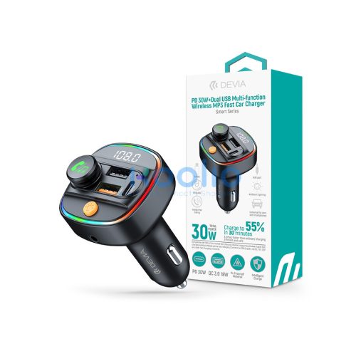 Devia Smart Series Bluetooth FM-transmitter/autós gyorstöltő 30W PD+QC 2xUSB/AUX/MP3 - fekete