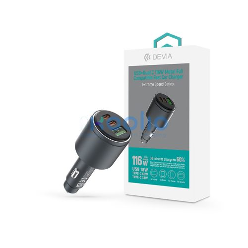 Devia Extreme Speed Series 65W PD+QC autós gyorstöltő USB+2xType-C - fekete
