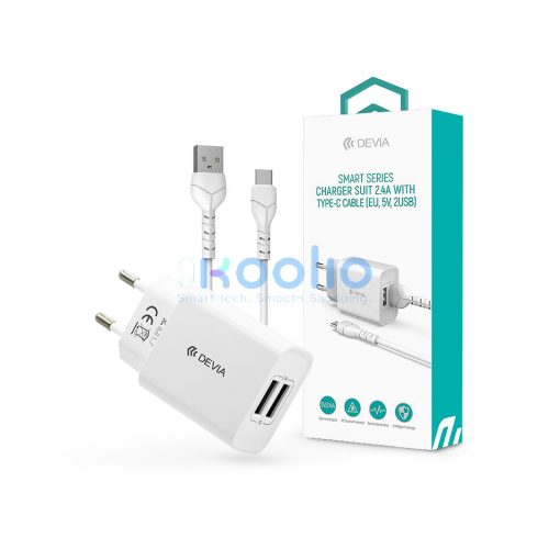 Devia Smart Series 12W 2xUSB hálózati töltő adapter + USB/Type-C kábel 1m - fehér