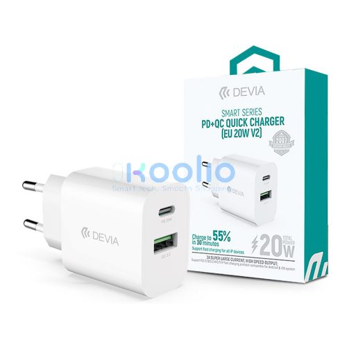 Devia Smart Series 20W PD+QC hálózati gyorstöltő adapter V2 Type-C/USB - fehér