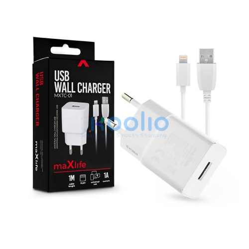 Maxlife MXTC-01 5W hálózati töltő adapter + USB/Lightning kábel 1m - fehér