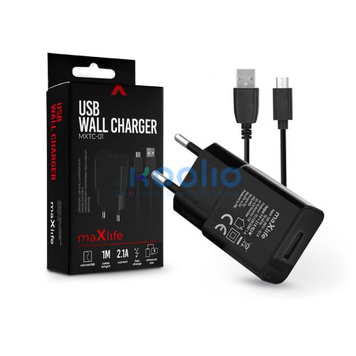 Maxlife MXTC-01 10W hálózati töltő adapter + USB/microUSB kábel 1m - fekete
