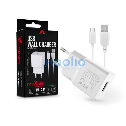 Maxlife MXTC-01 10W hálózati töltő adapter + USB/microUSB kábel 1m - fehér