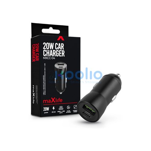 Maxlife MXCC-04 20W PD+QC autós gyorstöltő adapter USB+Type-C - fekete