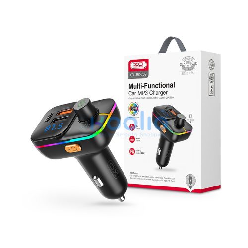 XO BCC09 Bluetooth FM-transmitter/gyorstöltő 25W PD 2xUSB/MP3/Pendrive lejátszás/RGB Light - fekete