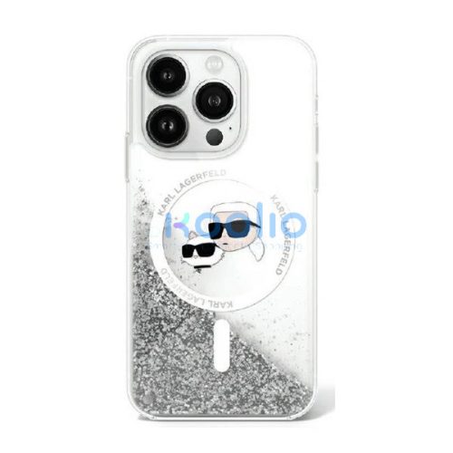 Karl Lagerfeld Liquid Glitter Karl&Choupette Head iPhone 16 Plus Magsafe hátlap tok, átlátszó KLHMP16MLGKCSGH