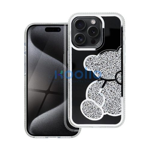 Teddy Bear iPhone 15 csillogó köves tok, ezüst