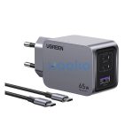 Ugreen Nexode Pro USB-A + 2x USB-C hálózati töltő adapter + USB-C kábel, 65W, 1.5m, fekete