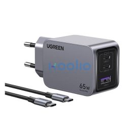   Ugreen Nexode Pro USB-A + 2x USB-C hálózati töltő adapter + USB-C kábel, 65W, 1.5m, fekete
