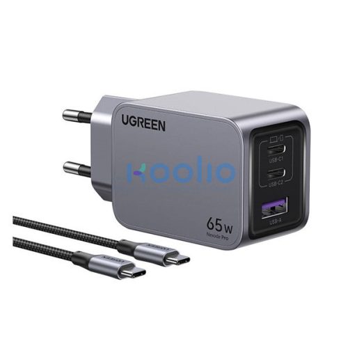 Ugreen Nexode Pro USB-A + 2x USB-C hálózati töltő adapter + USB-C kábel, 65W, 1.5m, fekete