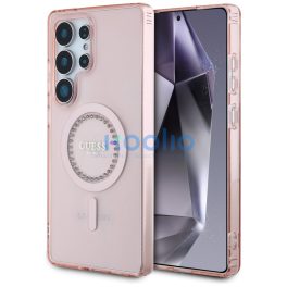   Guess Rhinestones Printed Classic Logo MagSafe Samsung Galaxy S25 Ultra kemény hátlap tok, rózsaszín