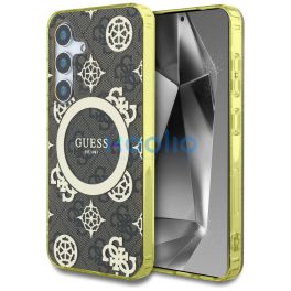   Guess 4G Background Gold Electroplated Peony Pattern Samsung Galaxy S25 MagSafe kemény hátlap tok, barna
