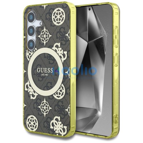 Guess 4G Background Gold Electroplated Peony Pattern Samsung Galaxy S25 MagSafe kemény hátlap tok, barna