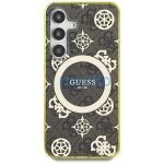 Guess 4G Background Gold Electroplated Peony Pattern Samsung Galaxy S25 MagSafe kemény hátlap tok, barna