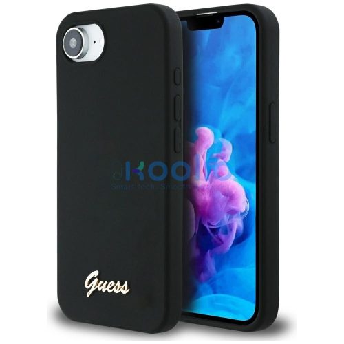 Guess Silicone Script Metal Logo Apple iPhone 17e / iPhone 16e MagSafe szilikon tok, fekete