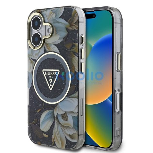 Guess IML Glitter Magnolia and Triangle Logo iPhone 16 MagSafe hátlap tok, fekete