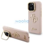 Guess PU Grained 4G Logo Stand Camera Frame iPhone 16 Pro hátlap tok kitámasztóval, rózsaszín