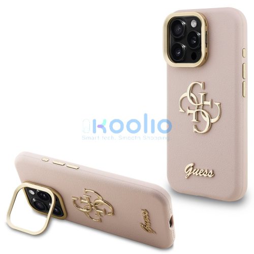 Guess PU Grained 4G Logo Stand Camera Frame iPhone 16 Pro hátlap tok kitámasztóval, rózsaszín