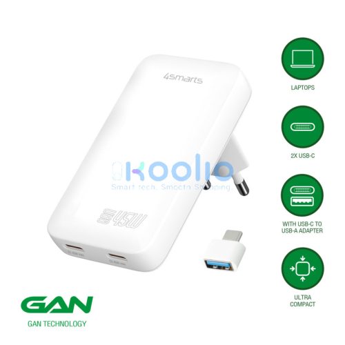 4smarts FlatPlug Slim Dual USB-C hálózati adapter, 65W GaN, fehér