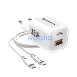   Forcell F-Energy Crystal Color GaN III VT-41 USB-C-USB-A hálózati töltő adapter szilikon kábellel, 33W, fehér