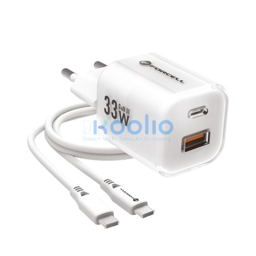 Forcell F-Energy Crystal Color GaN III VT-41 USB-C-USB-A hálózati töltő adapter szilikon kábellel, 33W, fehér