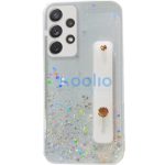 Apple iPhone 15 Pro Max, Szilikon tok, közepesen ütésálló, kézpánttal, színátmenetes, csillogó minta, Wooze Strap Star, mintás/fehér