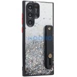 Apple iPhone 15 Pro Max, Szilikon tok, közepesen ütésálló, kézpánttal, színátmenetes, csillogó minta, Wooze Strap Star, mintás/fekete