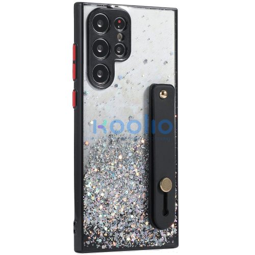 Apple iPhone 15 Pro Max, Szilikon tok, közepesen ütésálló, kézpánttal, színátmenetes, csillogó minta, Wooze Strap Star, mintás/fekete