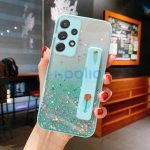 Apple iPhone 15 Pro Max, Szilikon tok, közepesen ütésálló, kézpánttal, színátmenetes, csillogó minta, Wooze Strap Star, mintás/menta