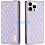 Apple iPhone 15 Plus, Oldalra nyíló tok, stand, kártyatartóval, 3D rombusz minta, Wooze Pillow, lila