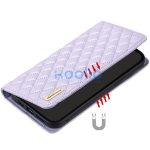 Apple iPhone 15 Plus, Oldalra nyíló tok, stand, kártyatartóval, 3D rombusz minta, Wooze Pillow, lila