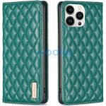 Apple iPhone 15 Plus, Oldalra nyíló tok, stand, kártyatartóval, 3D rombusz minta, Wooze Pillow, zöld