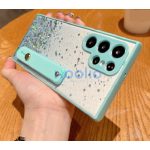 Apple iPhone 15, Szilikon tok, közepesen ütésálló, kézpánttal, színátmenetes, csillogó minta, Wooze Strap Star, mintás/menta