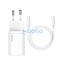   Baseus Super-Si gyorstöltő adapter USB-C / USB-C kábellel, 25W, fehér