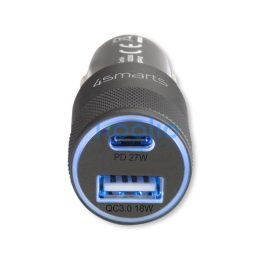   4smarts Rapid+ autós szivargyújtó gyorstöltő, USB-C + USB, PD, 27W, szürke