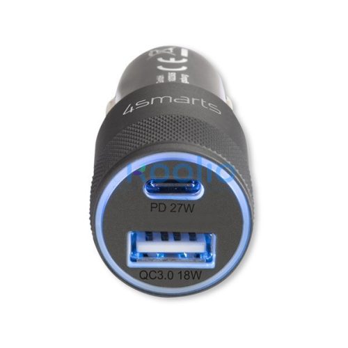 4smarts Rapid+ autós szivargyújtó gyorstöltő, USB-C + USB, PD, 27W, szürke