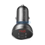 Baseus autós szivargyújtó töltő kijelzővel, 2xUSB, 4.8A, 24W, szürke