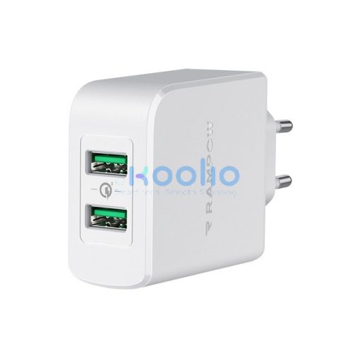 Rampow RBA16 hálózati gyorstöltő adapter 2xUSB-A QC, 39W, fehér