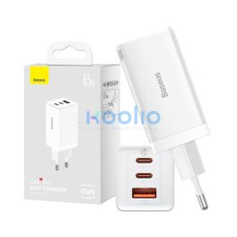   Baseus GaN5 Pro hálózati töltő 2xUSB-C + USB-A, USB-C-USB-C kábellel, 65W, fehér