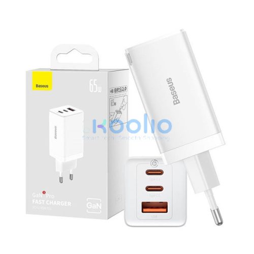 Baseus GaN5 Pro hálózati töltő 2xUSB-C + USB-A, USB-C-USB-C kábellel, 65W, fehér