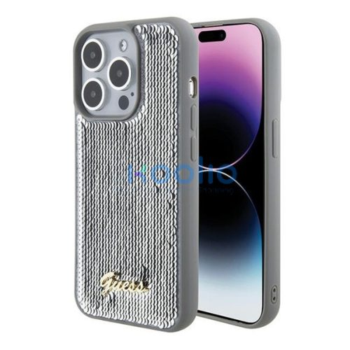 Guess Sequin Script Metal Apple iPhone 15 Pro Max hátlap tok, ezüst