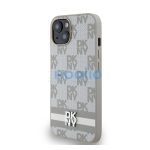DKNY PU Leather Checkered Pattern and Stripe Apple iPhone 15 hátlap tok, bézs