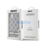 DKNY PU Leather Checkered Pattern and Stripe Apple iPhone 15 hátlap tok, bézs