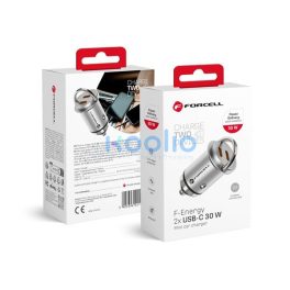   Forcell F-energy Mini autós szivargyújtó töltő 2xUSB-C, PD, 30W, ezüst