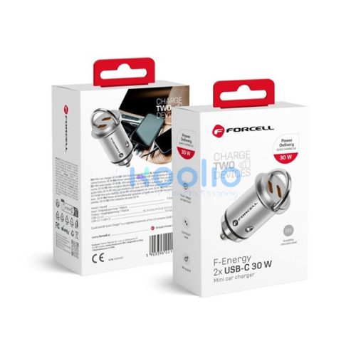 Forcell F-energy Mini autós szivargyújtó töltő 2xUSB-C, PD, 30W, ezüst