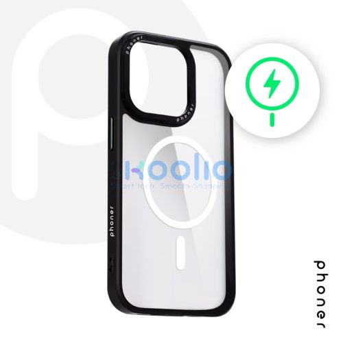 Phoner Custom Hybrid Apple iPhone 15 MagSafe kompatibilis hátlap tok, fekete (fekete gombokkal)